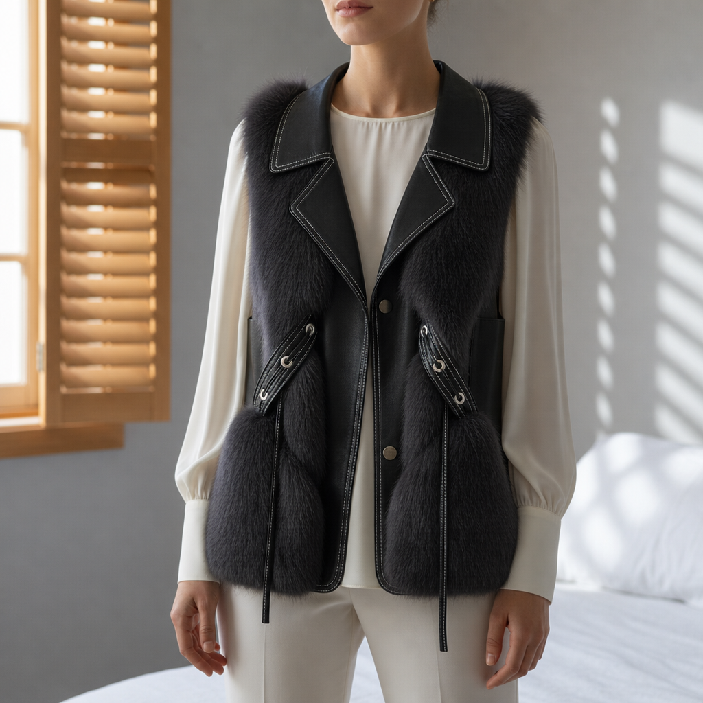 Siracusa Faux Fur Lapel Gilet in Midnight Black