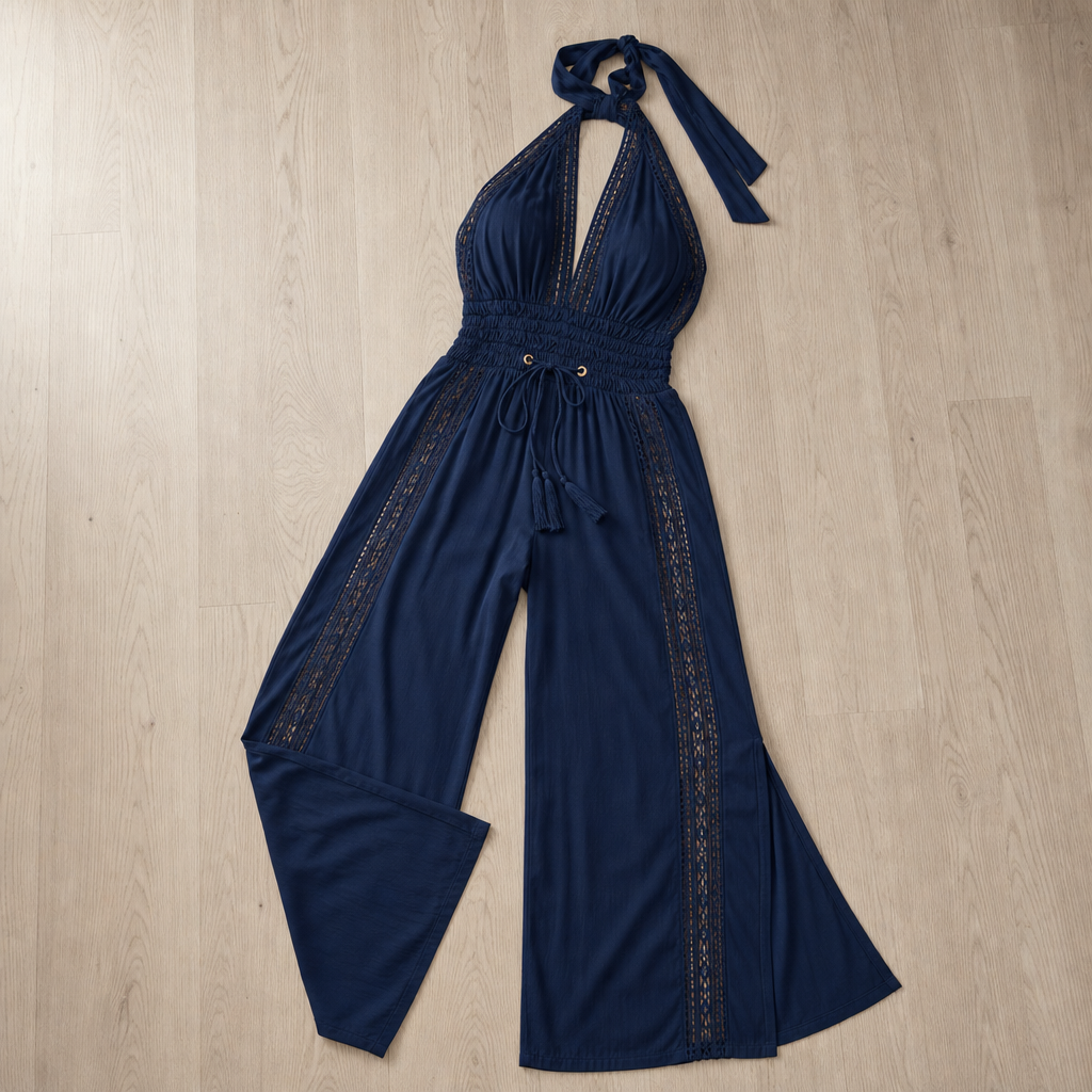 Sitia Lace Panel Halter Jumpsuit in Midnight Blue