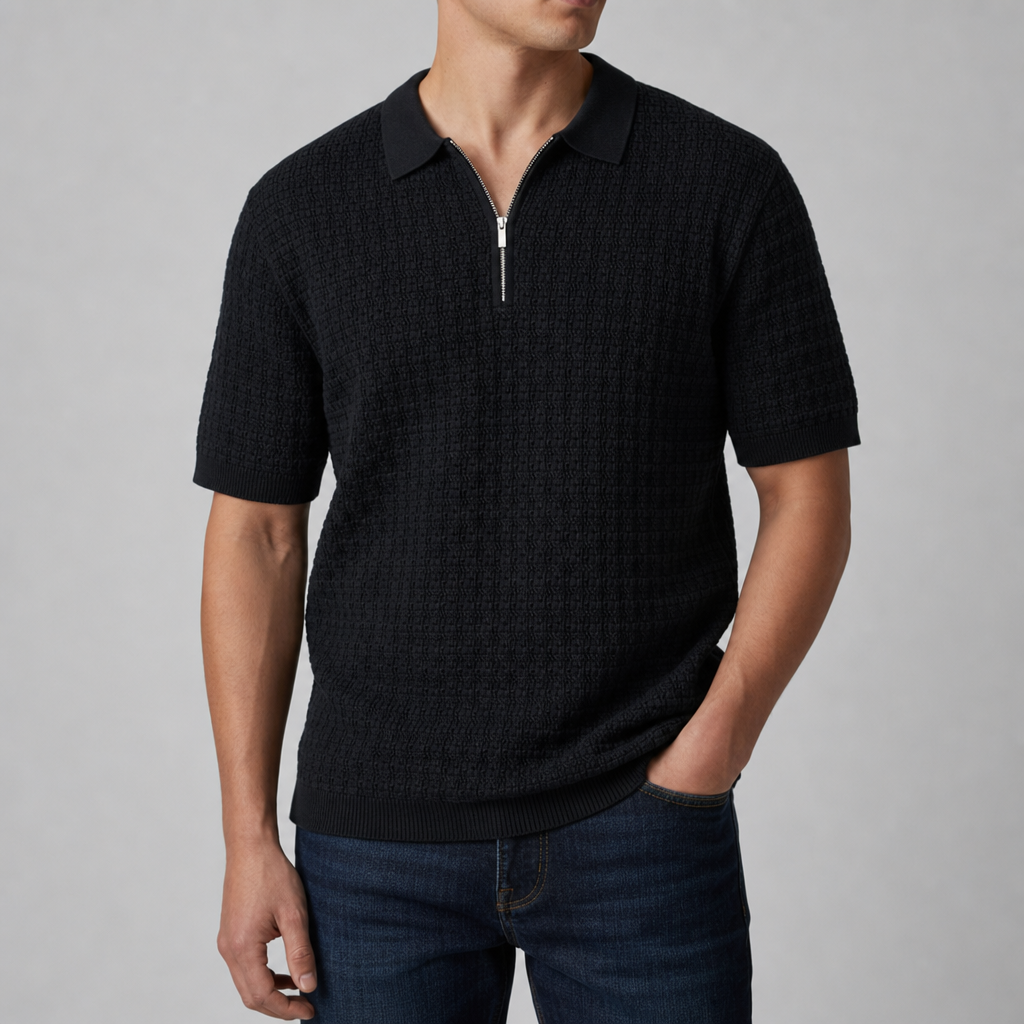 Rhodes Textured Knit Zip Polo in Midnight