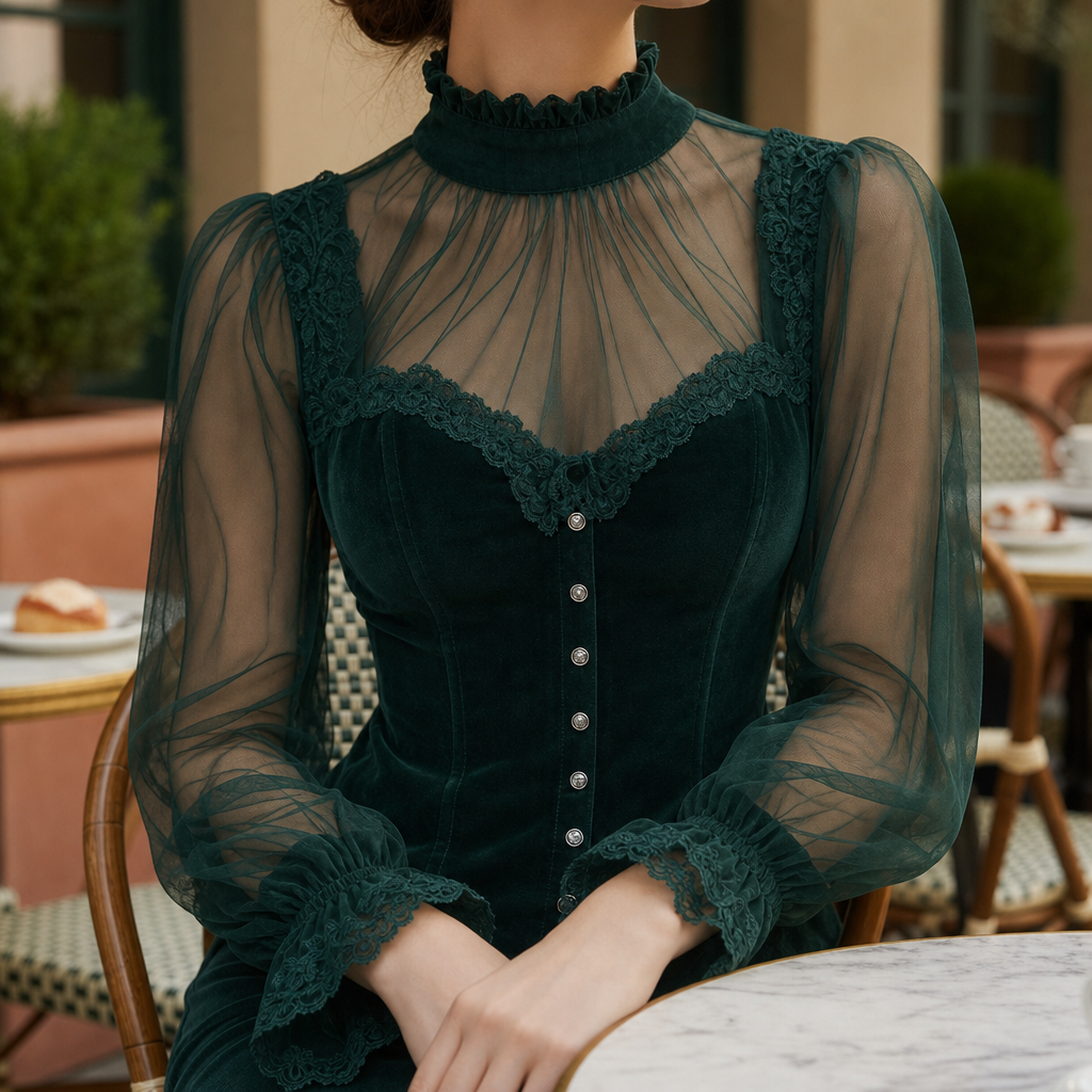 Cavtat Velvet Lace Corset Blouse in Moss Green