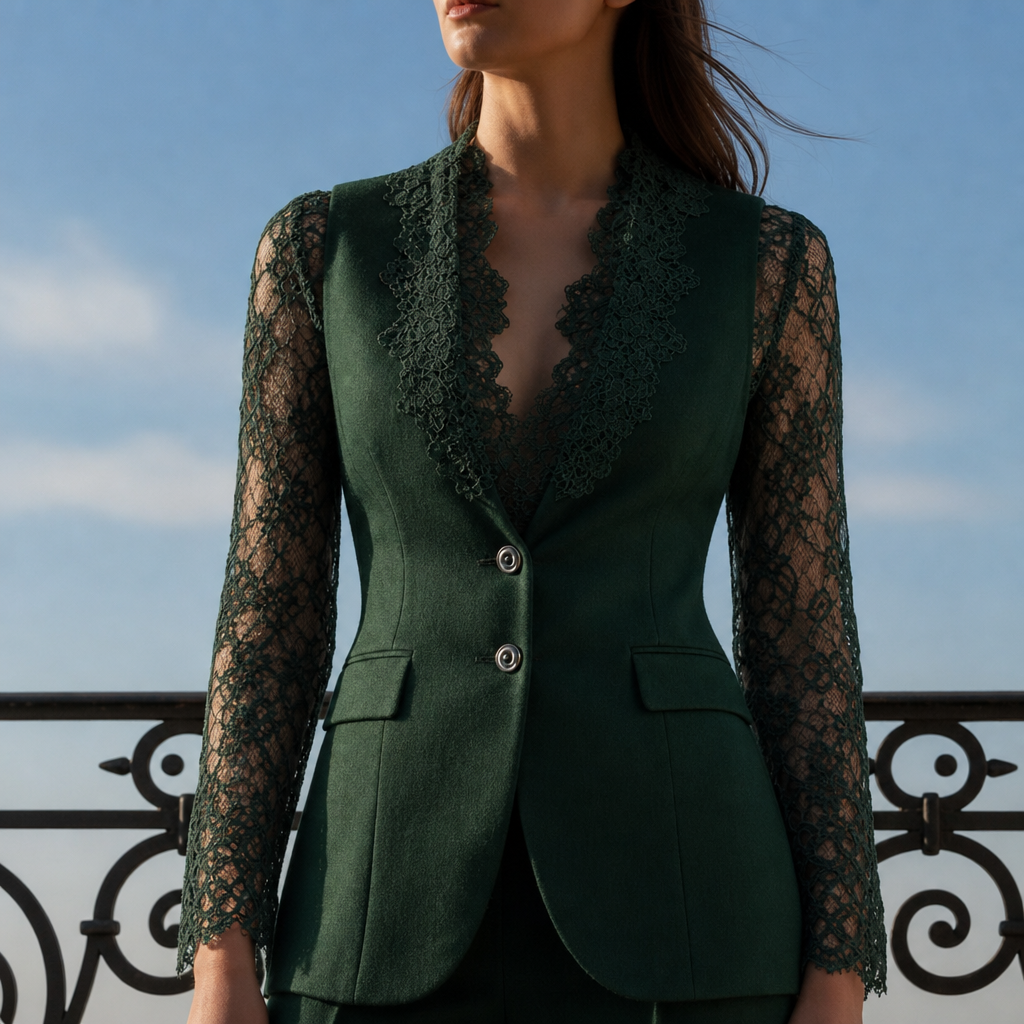 Ericeira Lace Panel Blazer Top in Moss Green