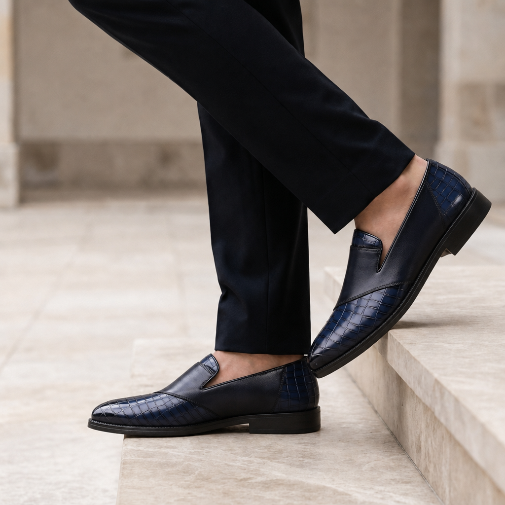 Pienza Croc Embossed Loafers in Navy Blue