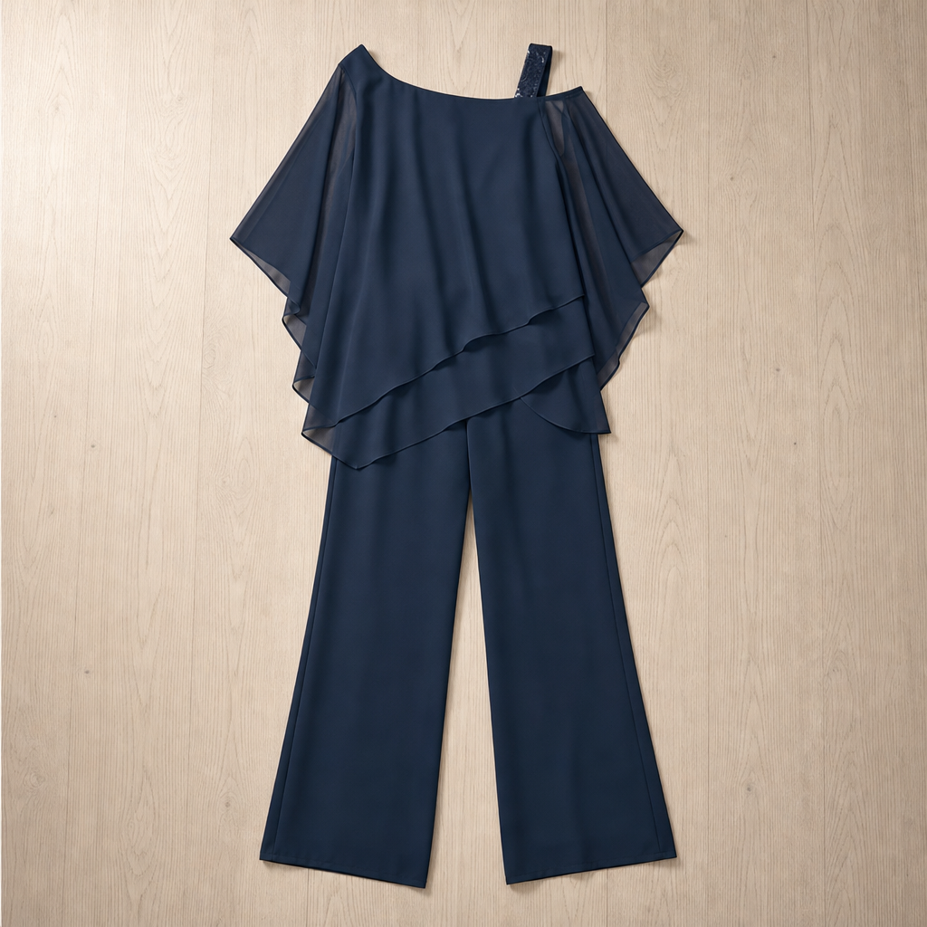 Obidos Layered Chiffon Pants Set in Navy Blue