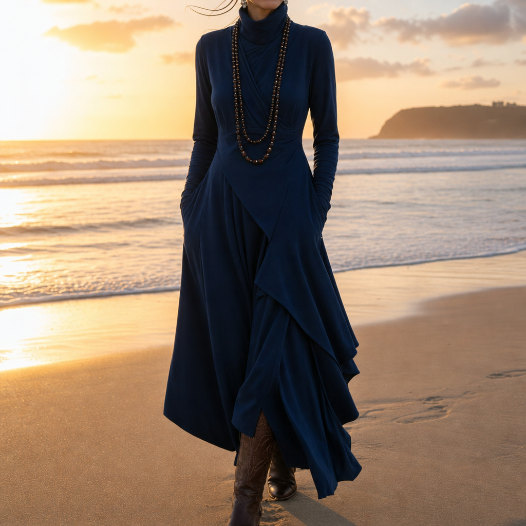 Skopelos Asymmetric Turtleneck Maxi Dress in Navy Blue