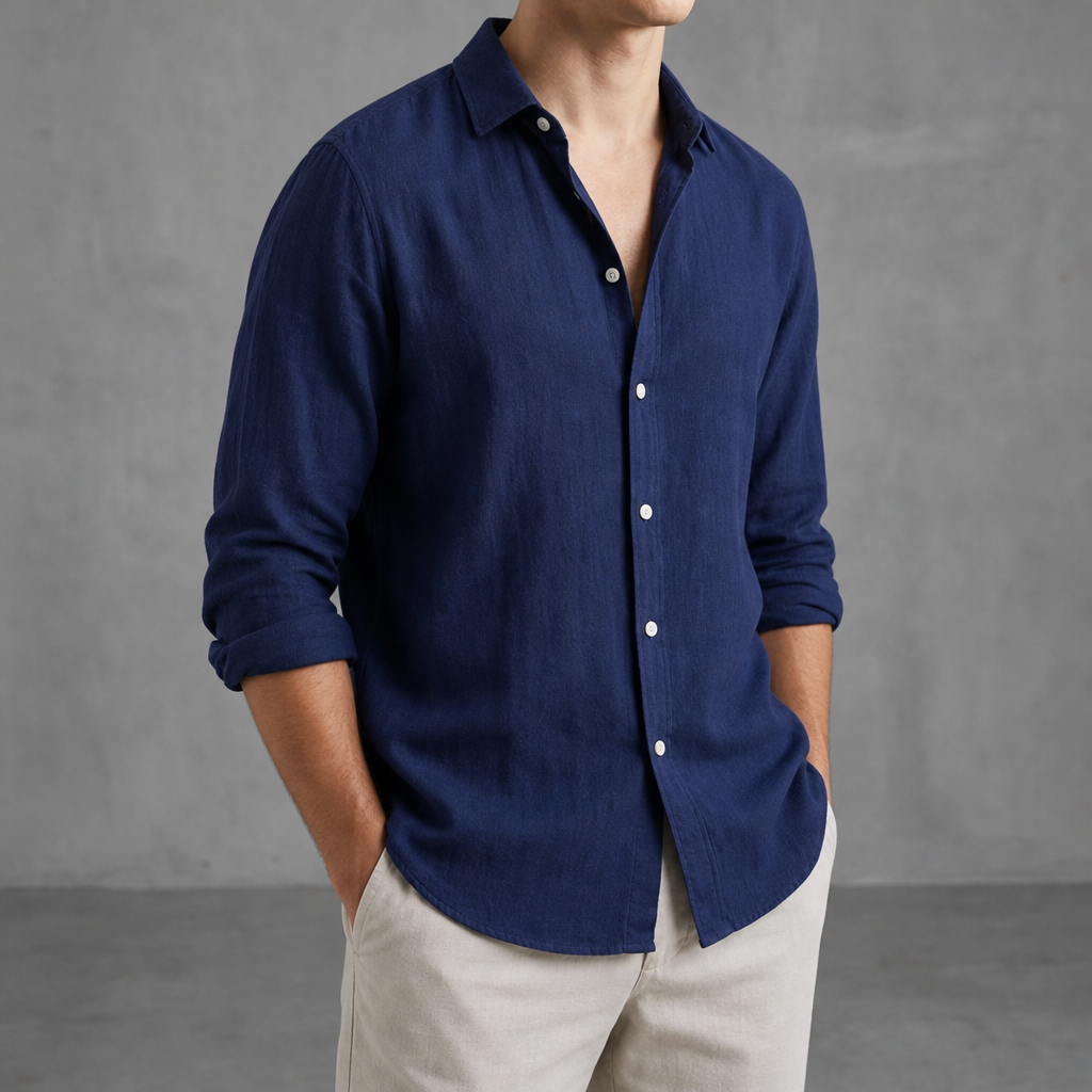 Saint Tropez Linen Relaxed Button-Up Shirt in Navy