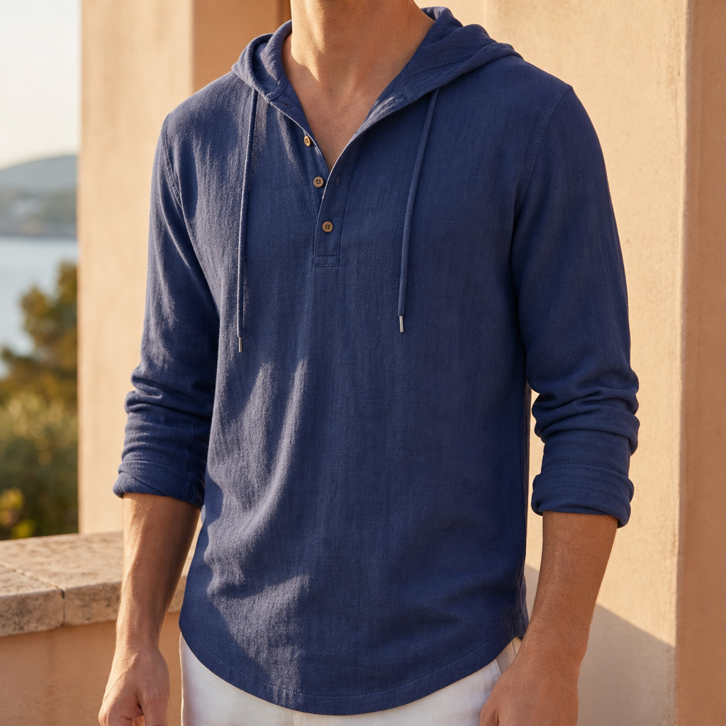 Montepulciano Linen Henley Hoodie Shirt in Navy