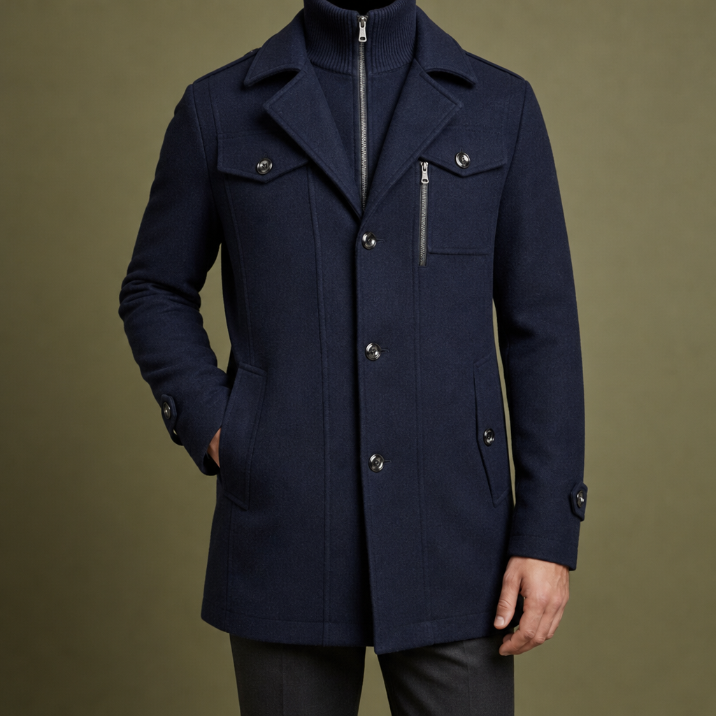 Sliema Wool Blend Overcoat in Navy