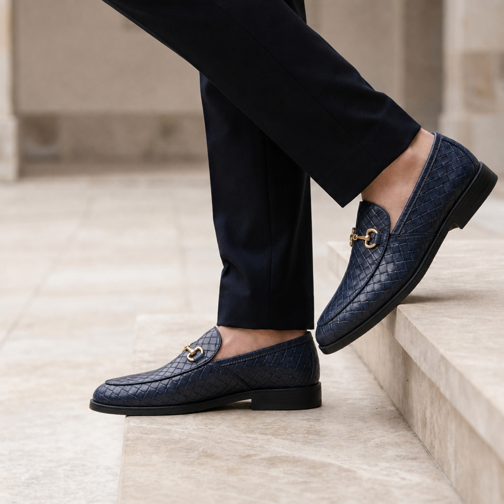 Carcassonne Woven Leather Horsebit Loafers in Navy