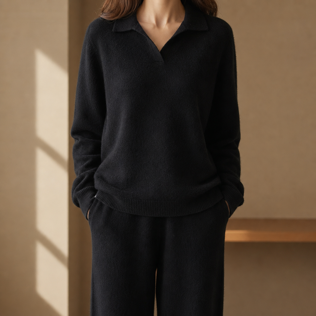Chianti Cashmere Polo Sweater Set in Noir