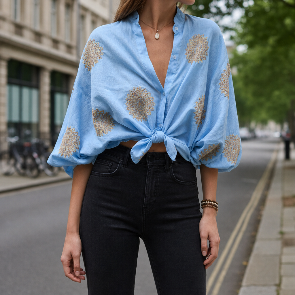 Folegandros Gold Embroidered Blouse in Ocean Blue