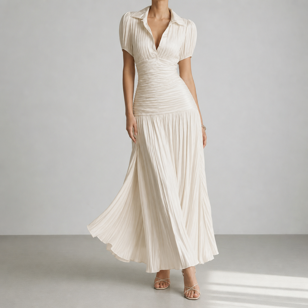 Milos Striped Satin Pleated Dress in Off-white