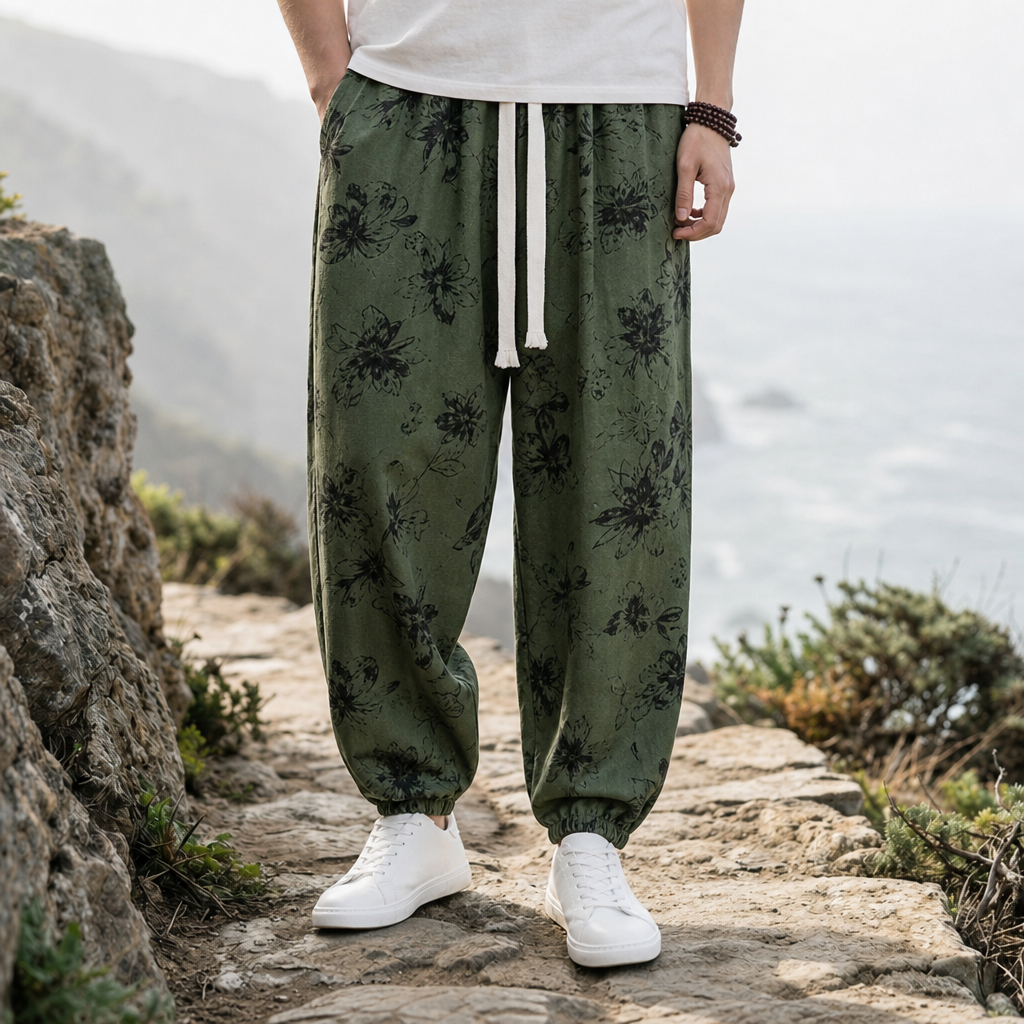 Gythio Floral Print Harem Pants in Olive Floral