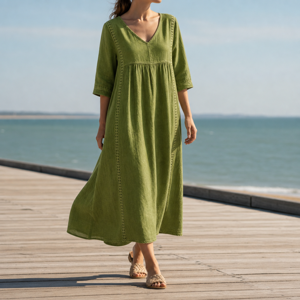 Alonnisos Lace Trim Midi Dress in Olive