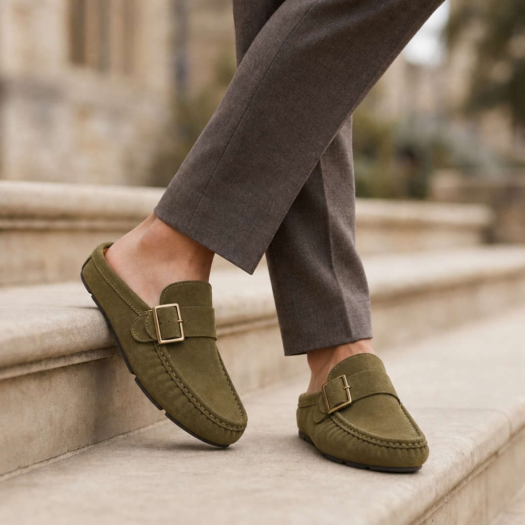 Begur Suede Buckle Mules in Olive
