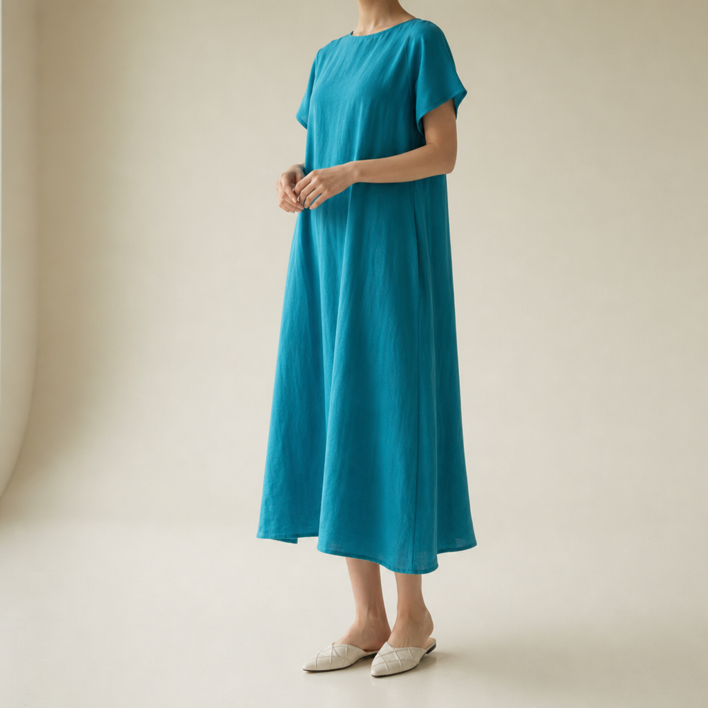 Kalymnos Loose Linen Midi Dress in Peacock Blue
