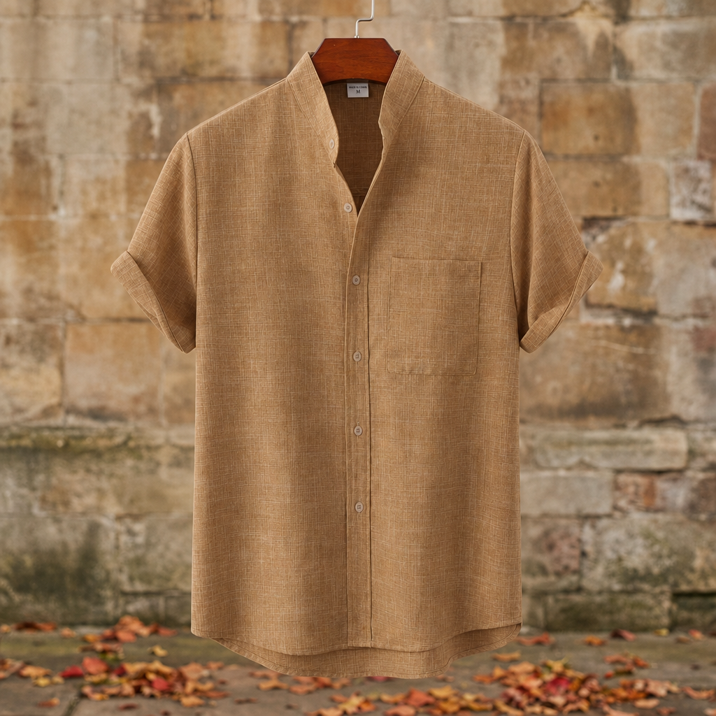 Ierapetra Stand Collar Linen Shirt in Pine Brown