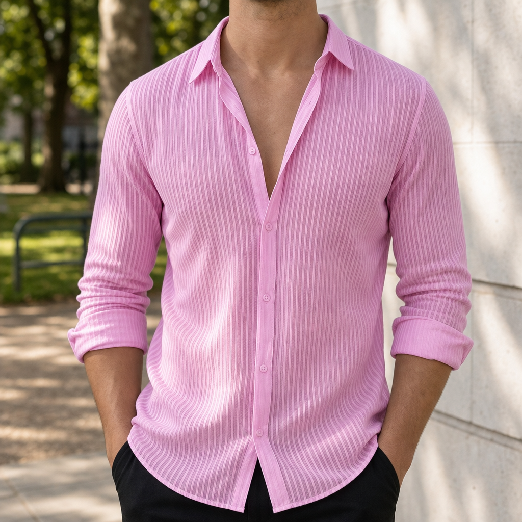 Trujillo Striped Lapel Button Shirt in Pink