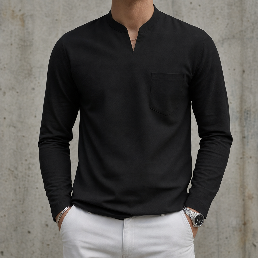 Tropea V-Neck Long Sleeve Tee in Pockets-Black
