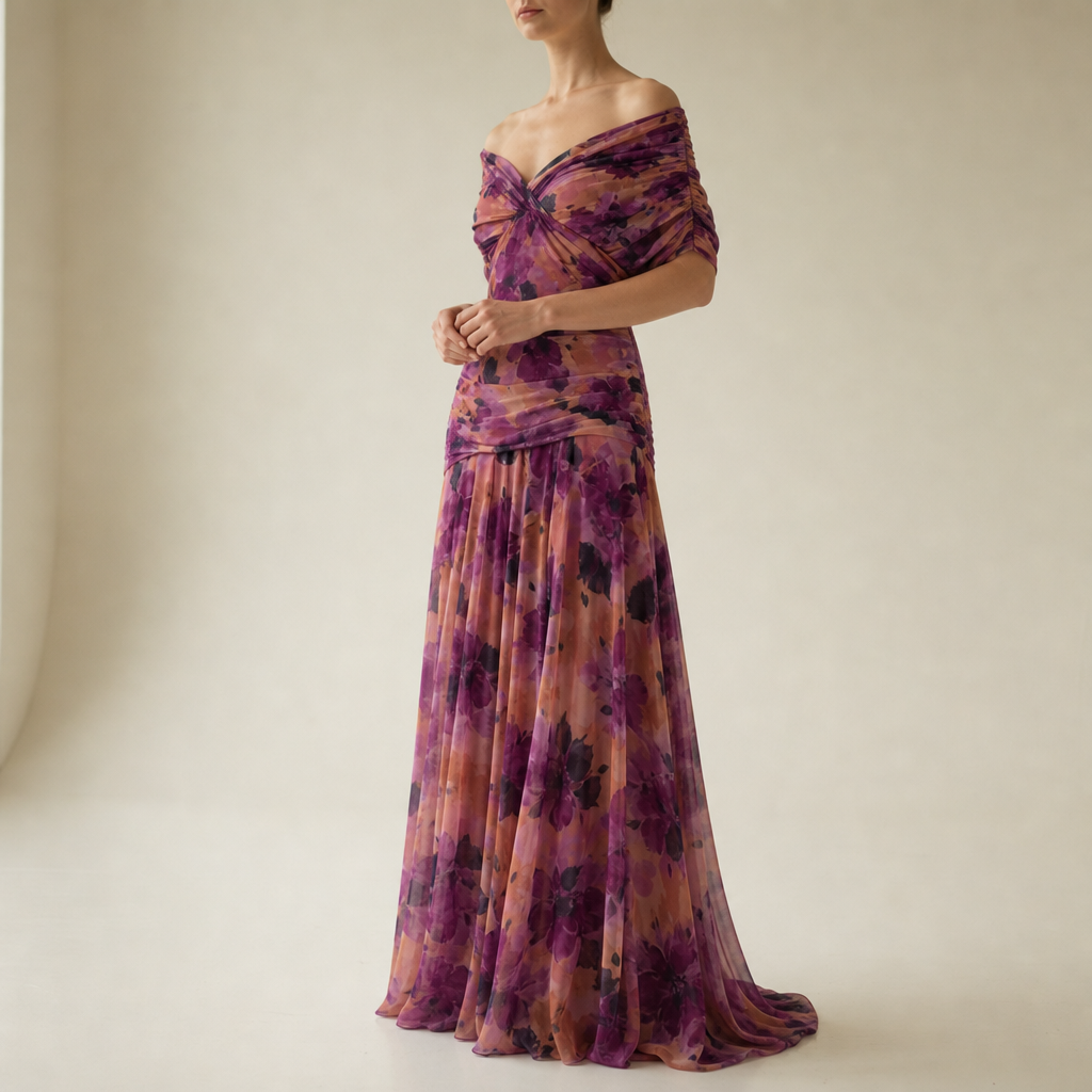 Zakynthos Ruched Chiffon Maxi Dress in Purple