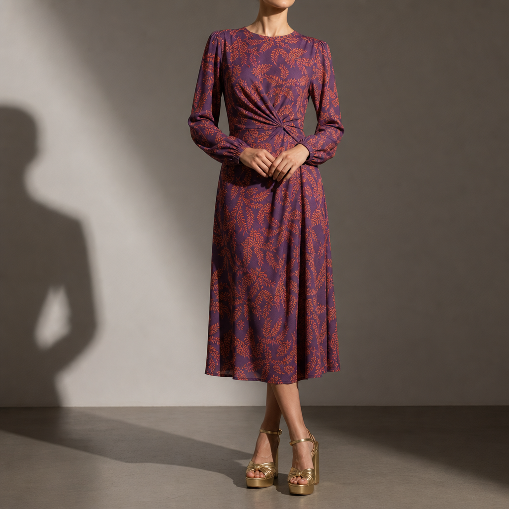 Kakopetria Printed Twist Midi Dress in Purple