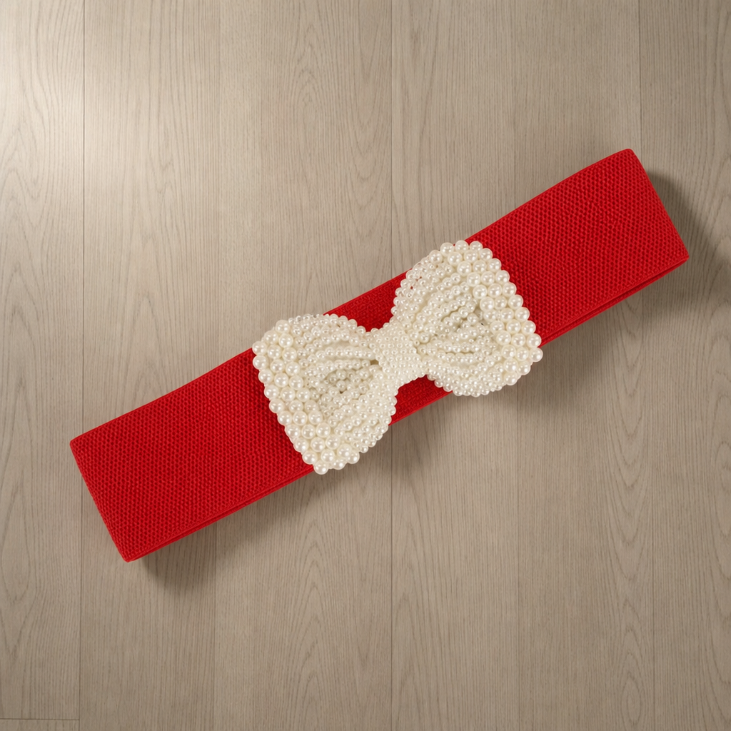 Nice Pearl Bow Waist Belt in Red