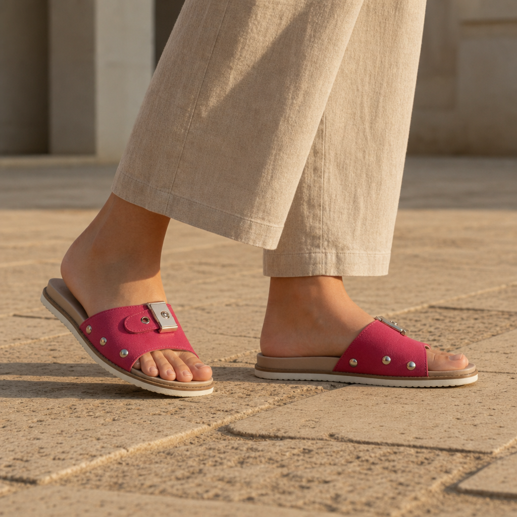 Mougins Studded Buckle Slide Sandals in Red