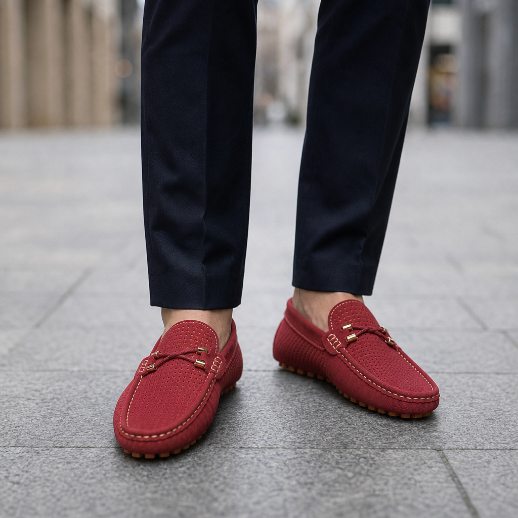 Vellara Perforated Suede Loafers in Red
