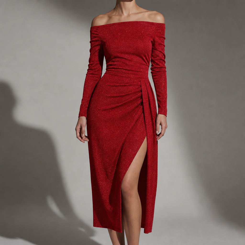 Pisa Ruched Slit Midi Dress in Red