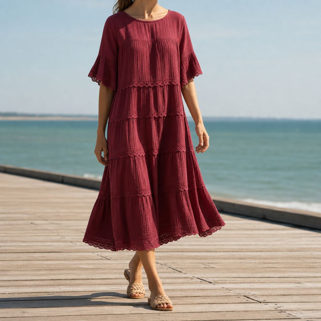 Bilbao Tiered Lace Trim Dress in Red