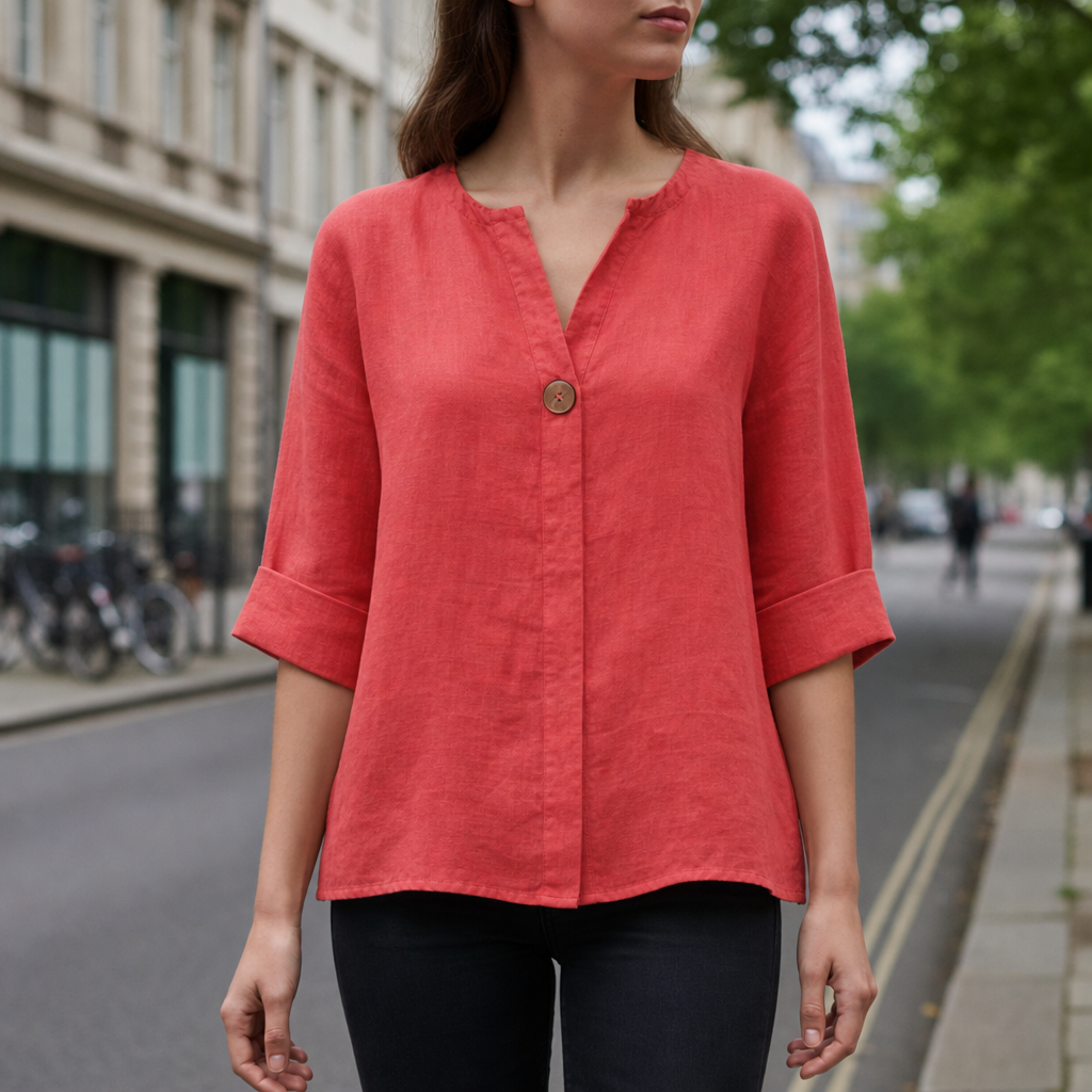 Amorgos Linen V-Neck Blouse in Red