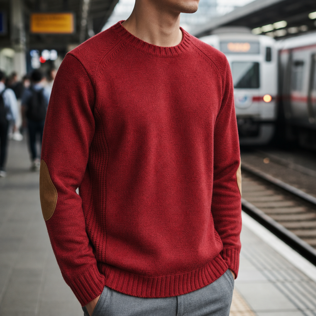 Spoleto Elbow Patch Crewneck Sweater in Red