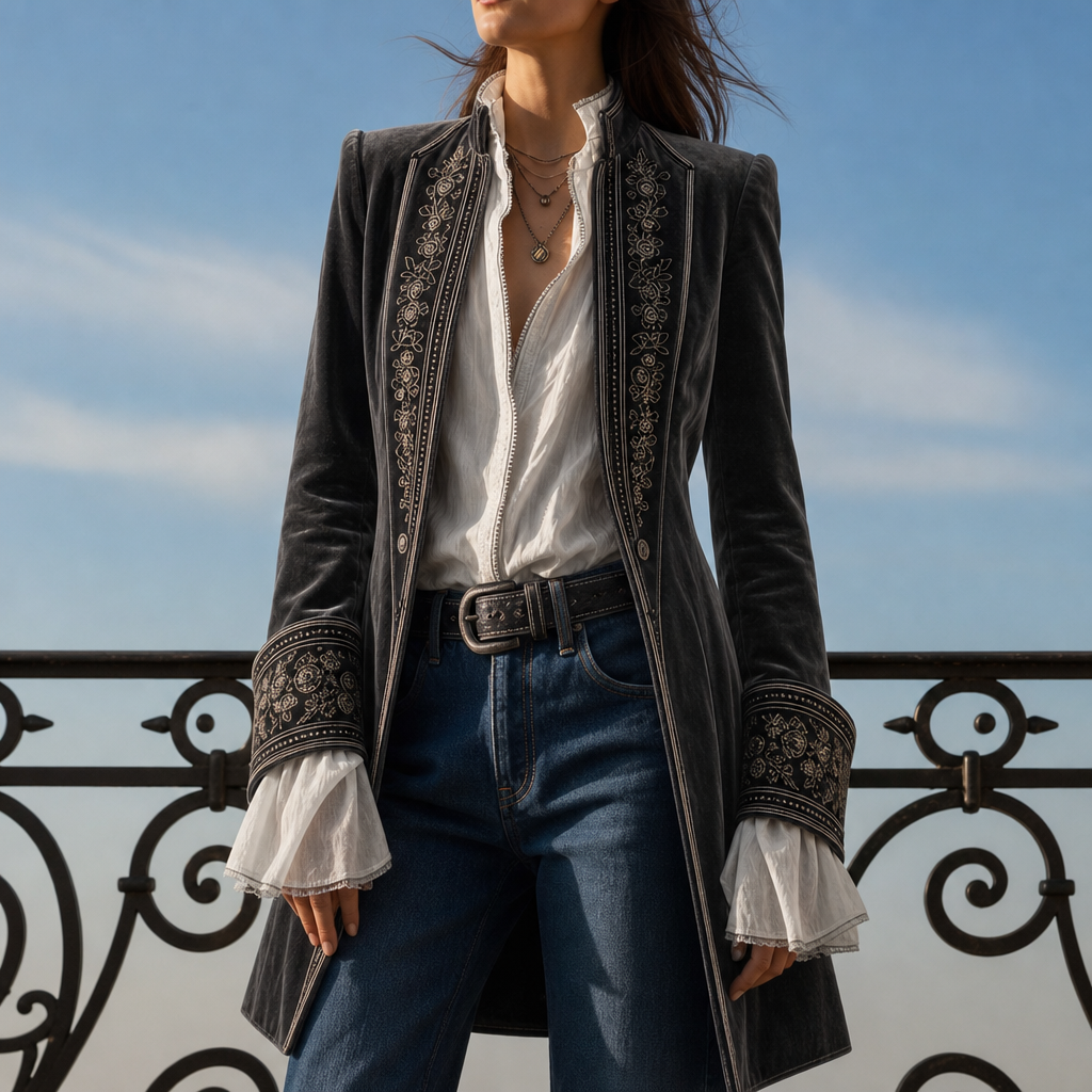 Coimbra Embroidered Velvet Long Jacket in Rock Ash