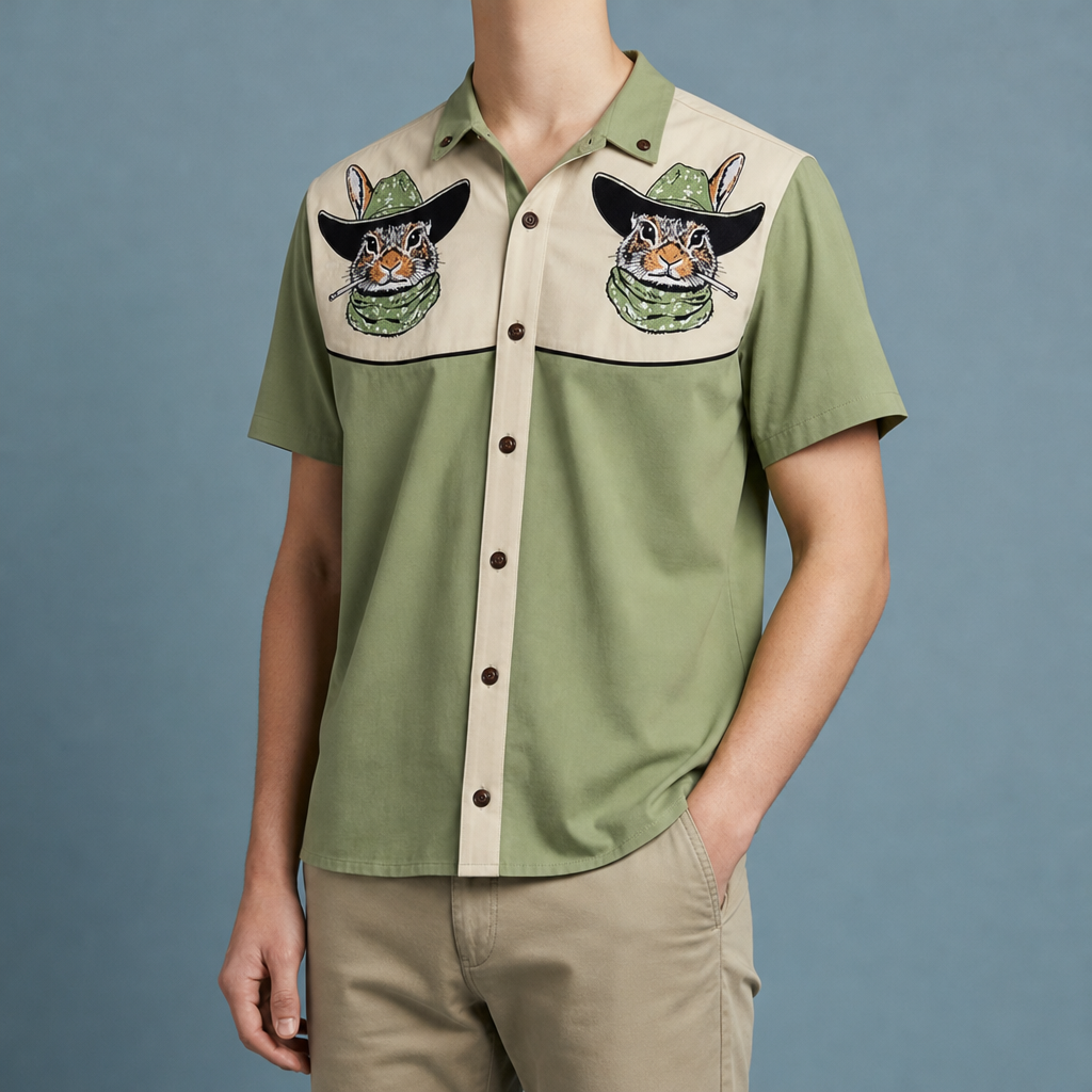Palamos Astronaut Cowboy Western Shirt in Sage Green And Cream