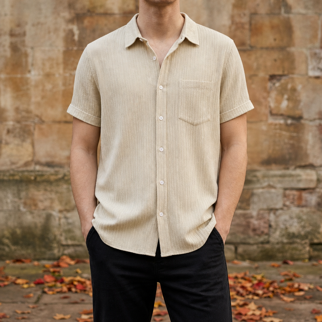 Folegandros Crinkle Cotton Shirt in Sand