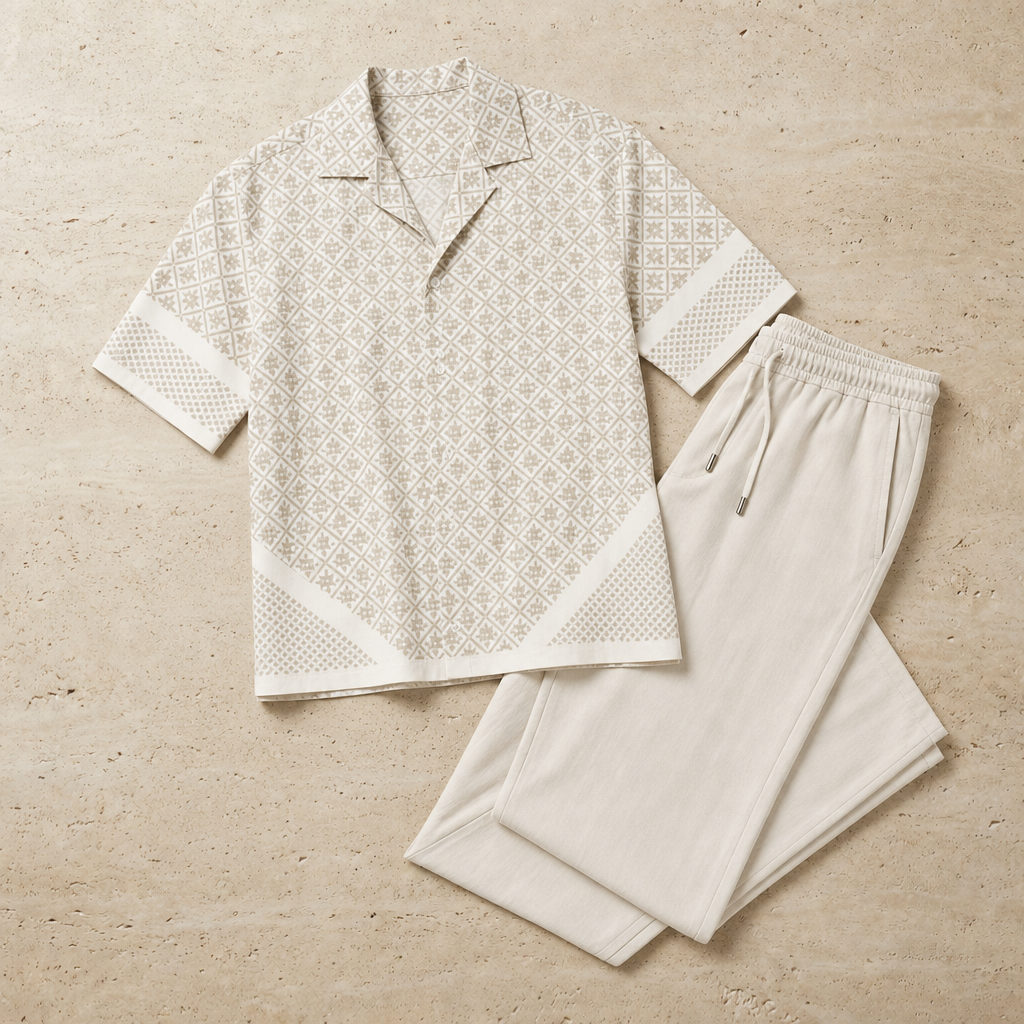 Perugia Geometric Print Matching Set in Sandstone Ivory