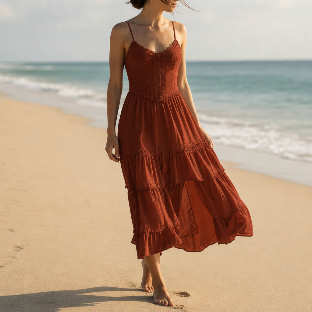Hyeres Corset Tiered Midi Dress in Terracotta