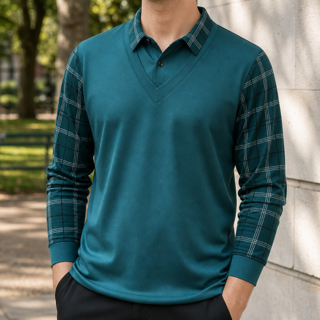 Corte Plaid Panel Polo in Turquoise