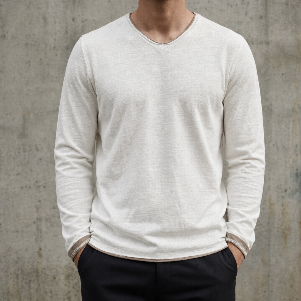 Ceret Contrast Trim V-Neck Tee in White