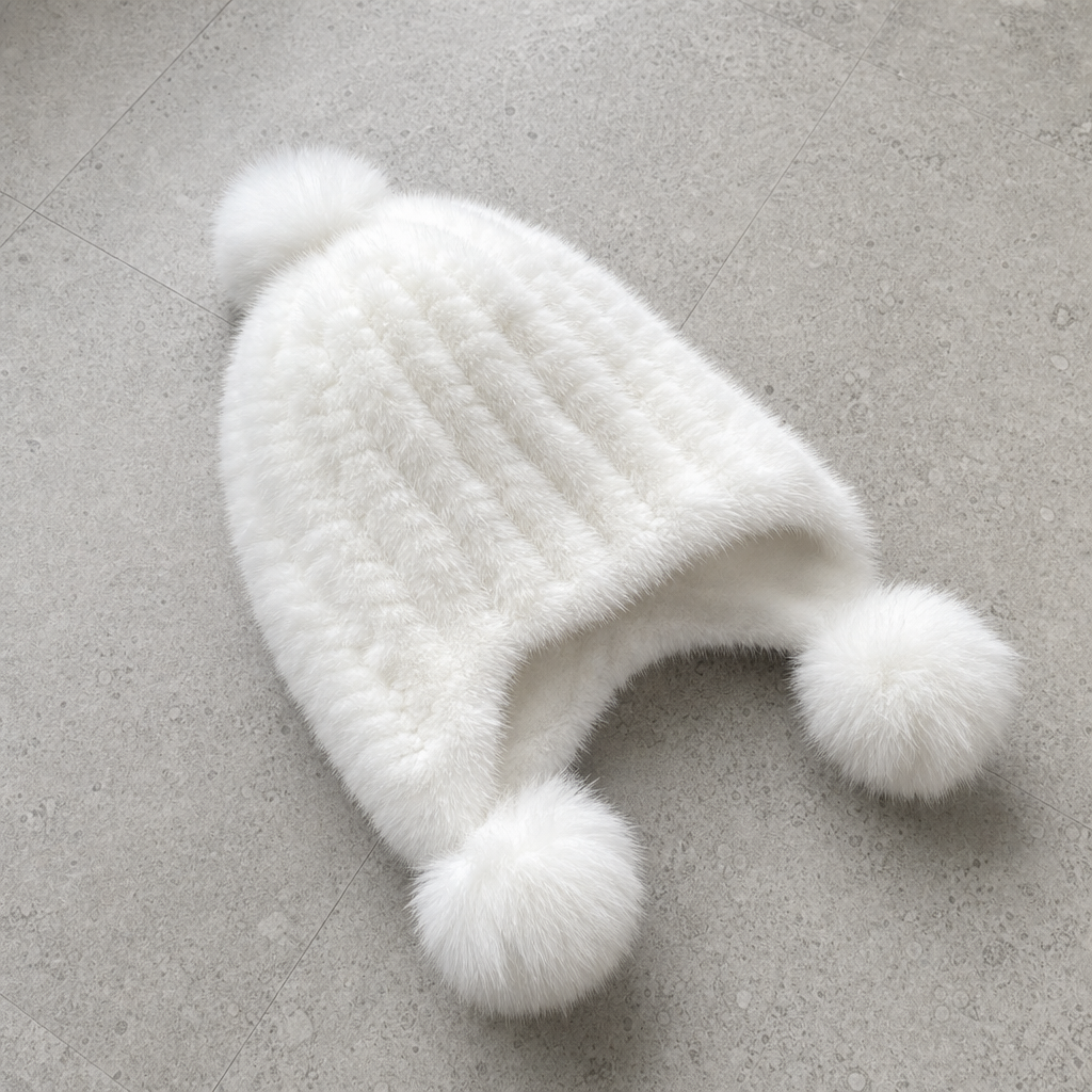 Deia Fur Pompom Beanie in White