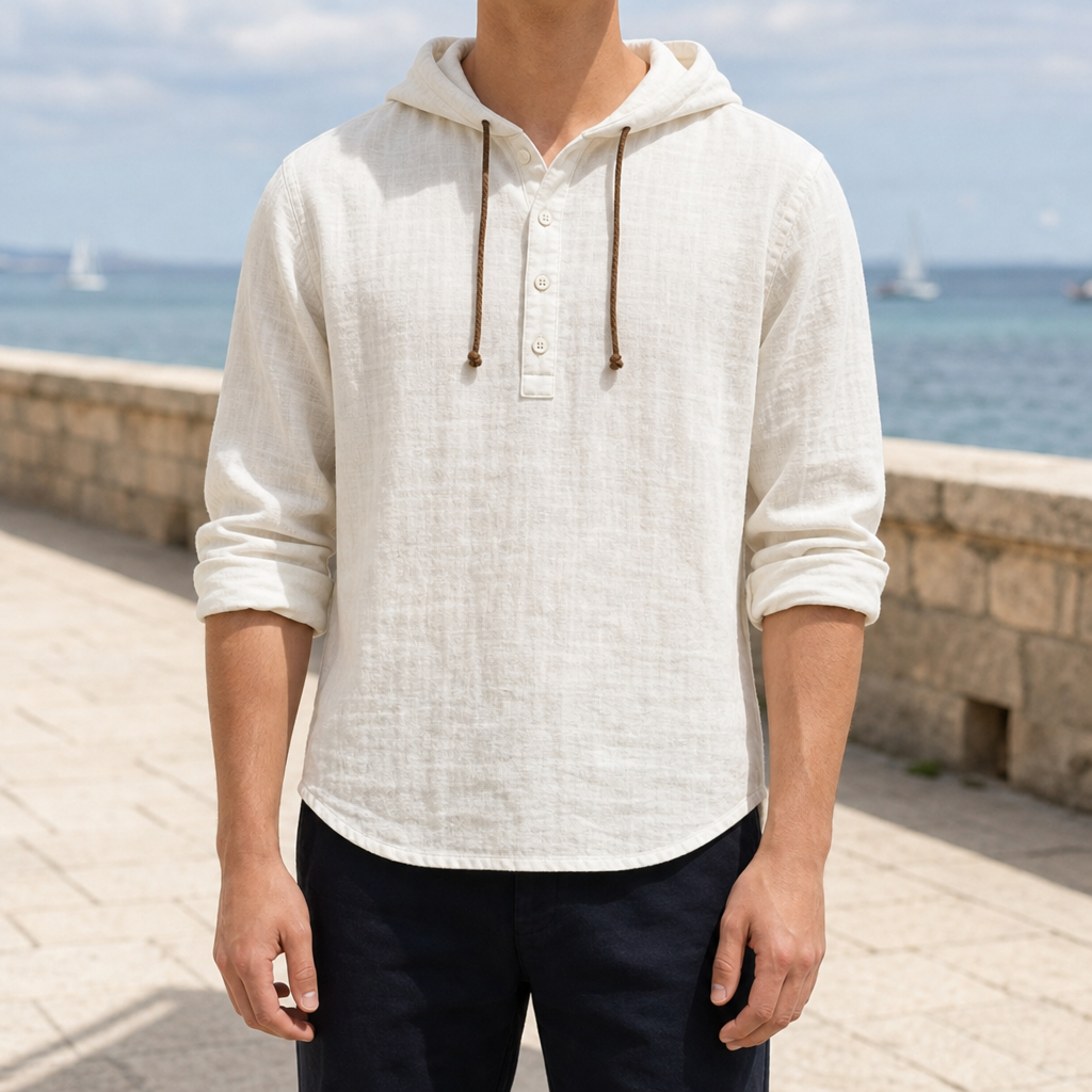 Tavira Linen Hooded Henley in White