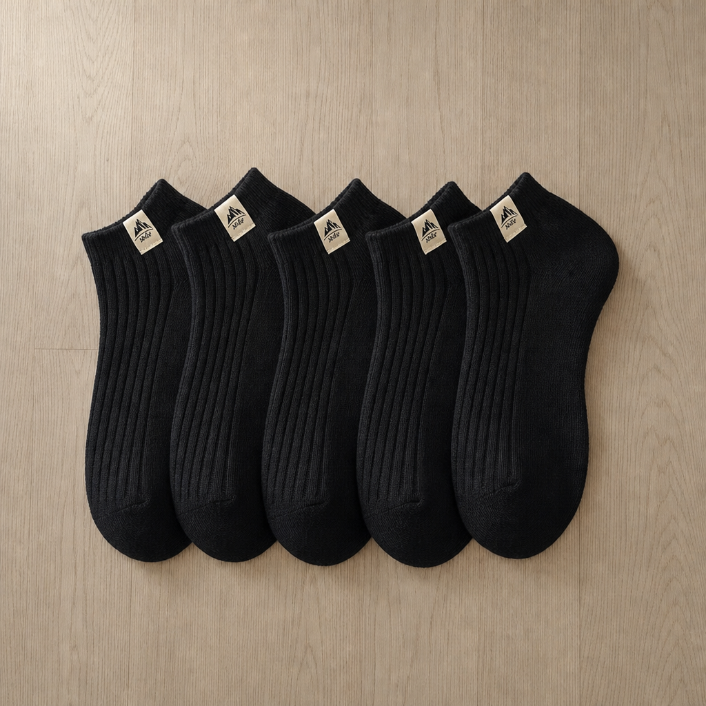 Split Ribbed Ankle Sock Set in All Black (5-Pack)