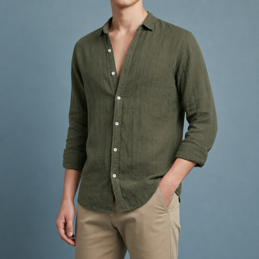 Fiesole Linen Button-Up Shirt in Army Green