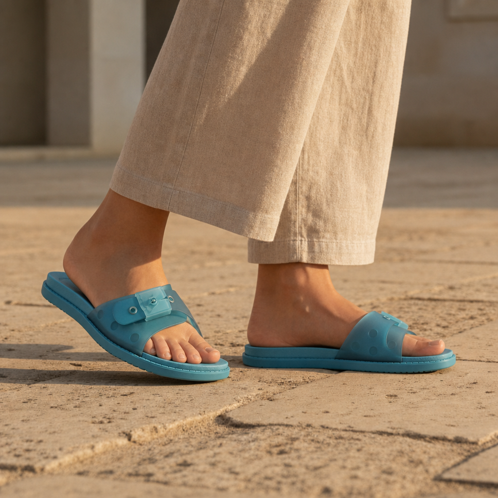 Mougins Studded Buckle Slide Sandals in Azure