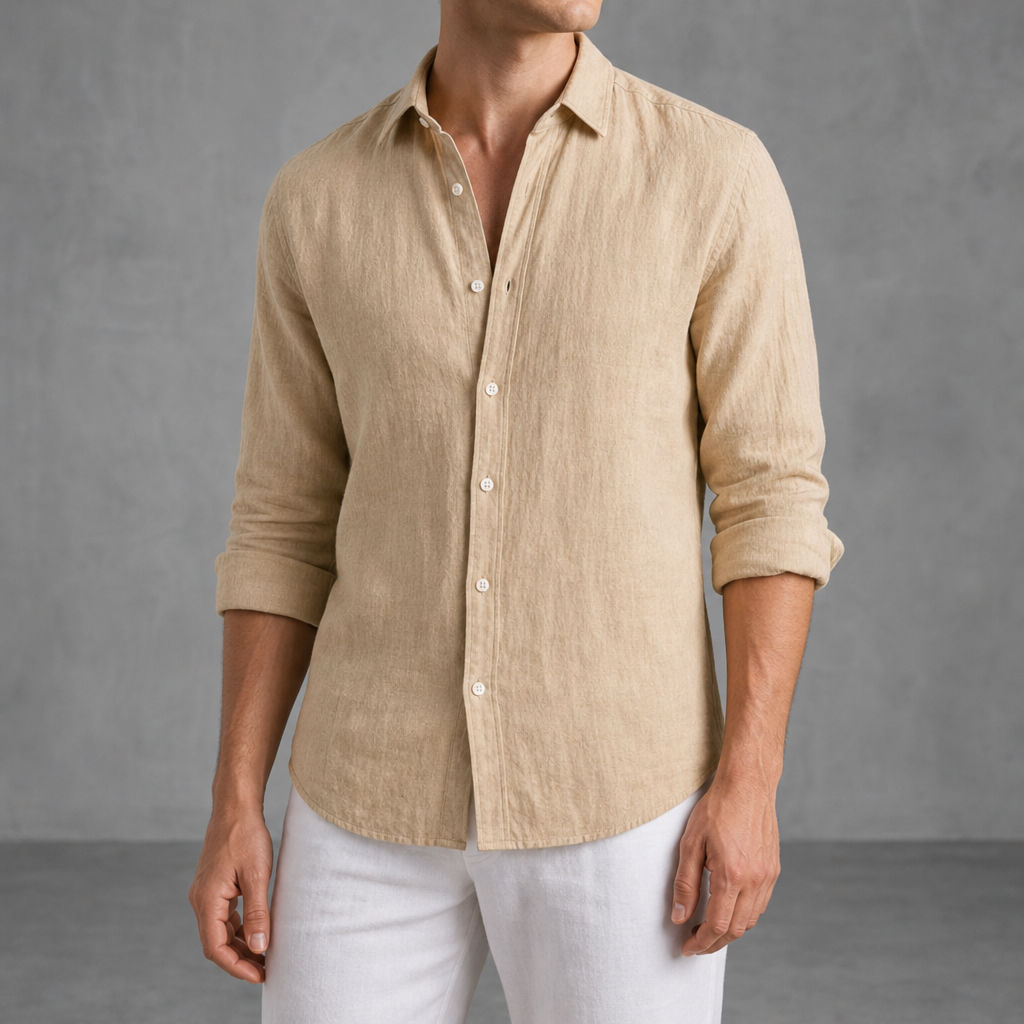 Saint Tropez Linen Relaxed Button-Up Shirt in Beige