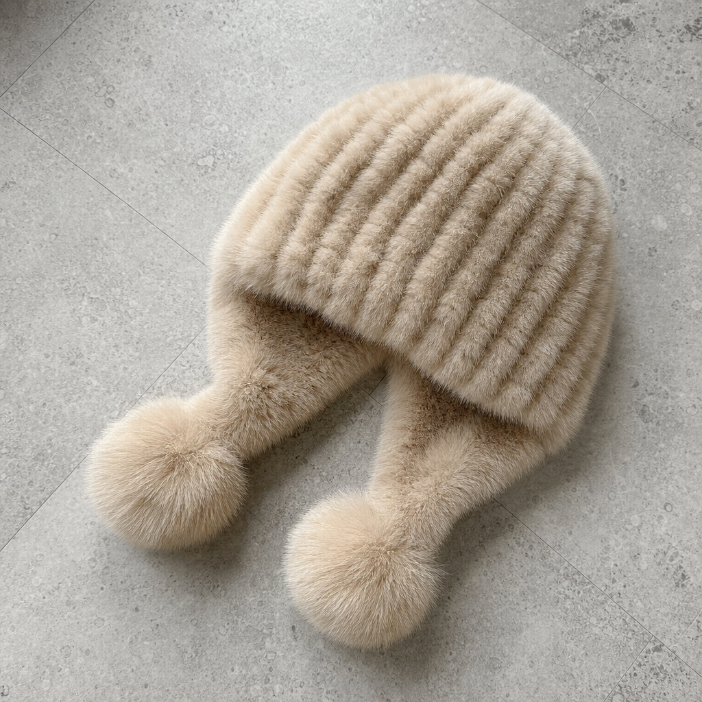 Deia Fur Pompom Beanie in Beige