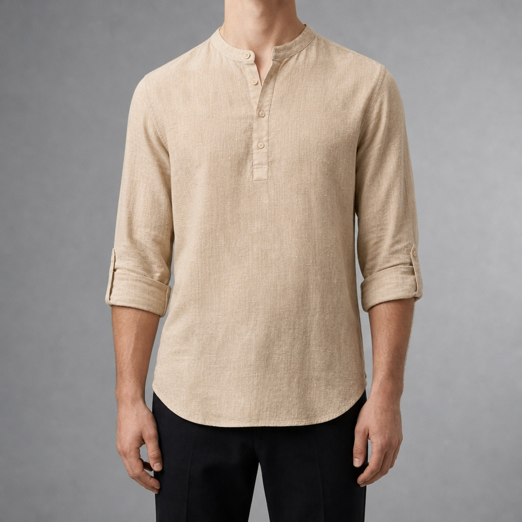 Perugia Linen Grandad Henley Shirt in Beige