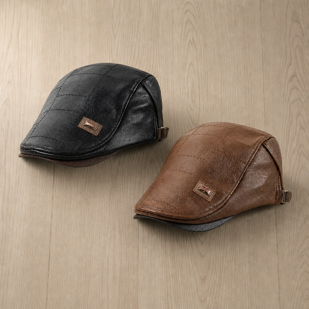Lerici Leather Fleece Beret Cap in Black+Light brown