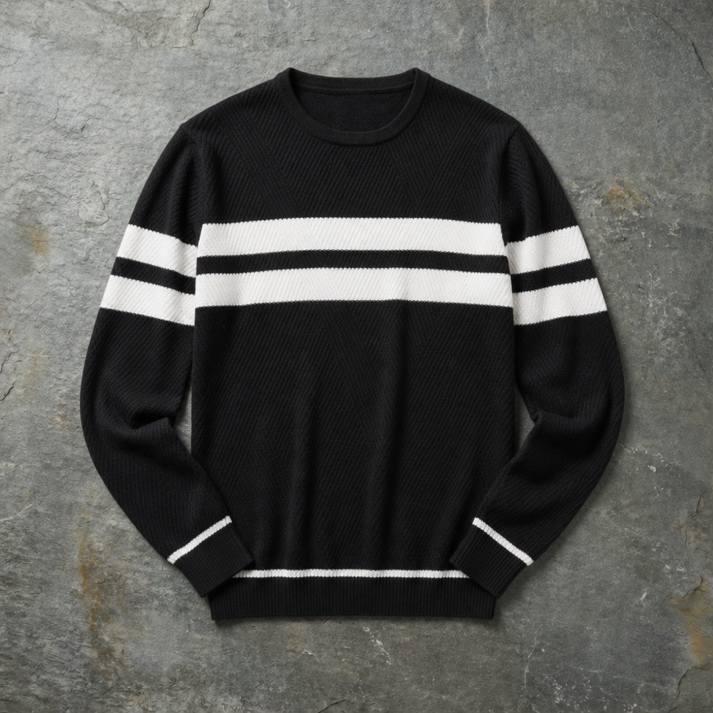 Elounda Striped Knit Crewneck in Black