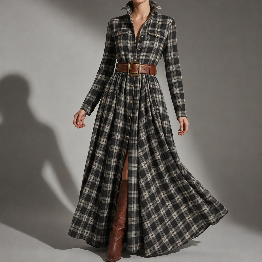 Rabat Plaid Belted Maxi Dress in Black