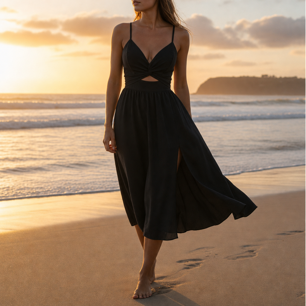 Antiparos Cut-Out Slit Midi Dress in Black